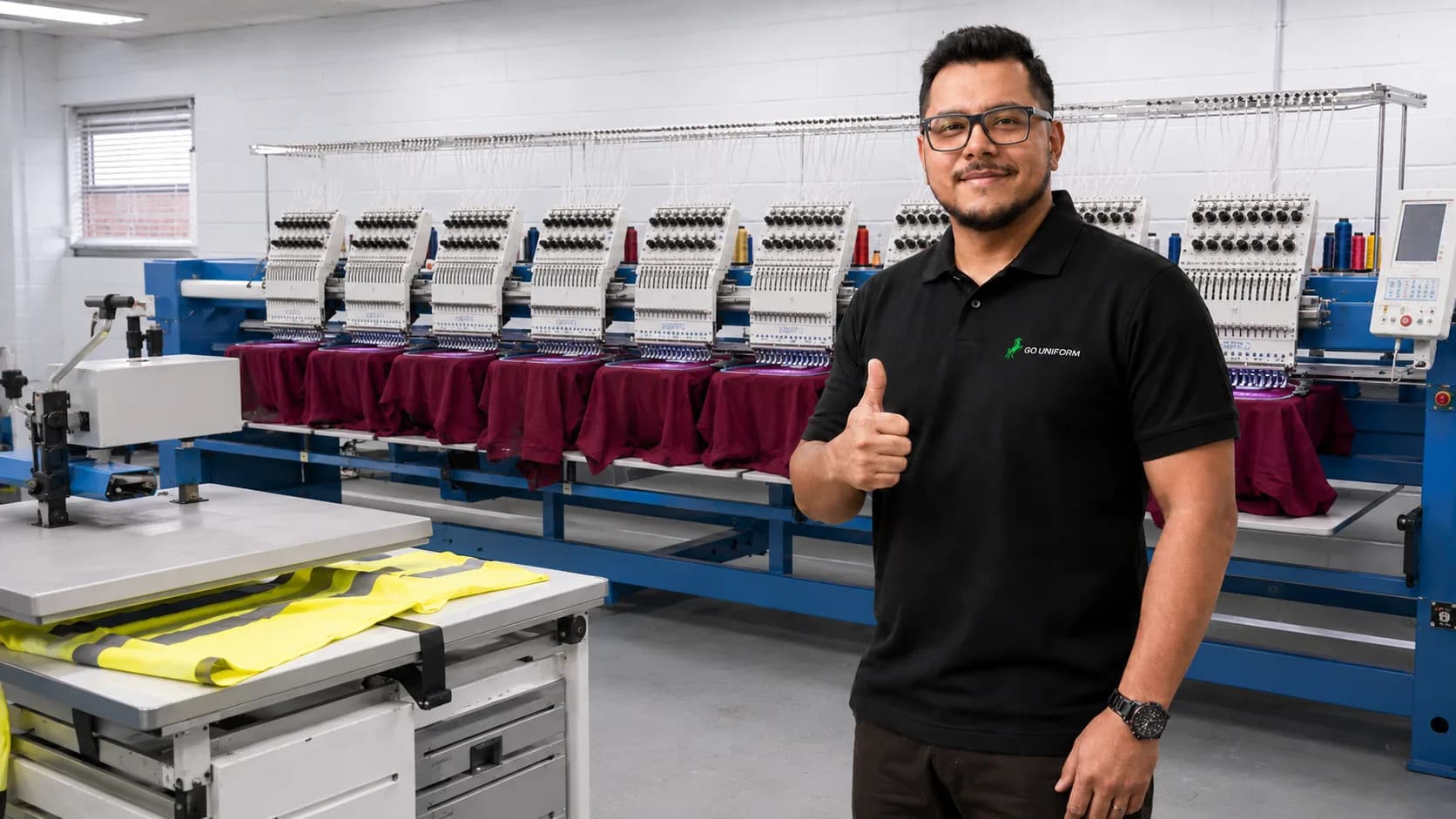 Go Uniform's embroidery machines at our Bolton facility, where branded workwear for Basildon customers are produced